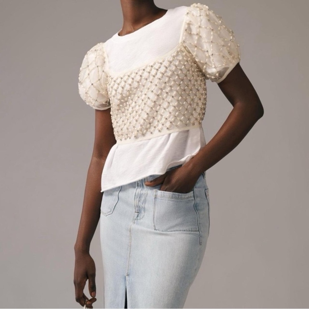 Anthropologie Beaded Puff Sleeve Embellished Top